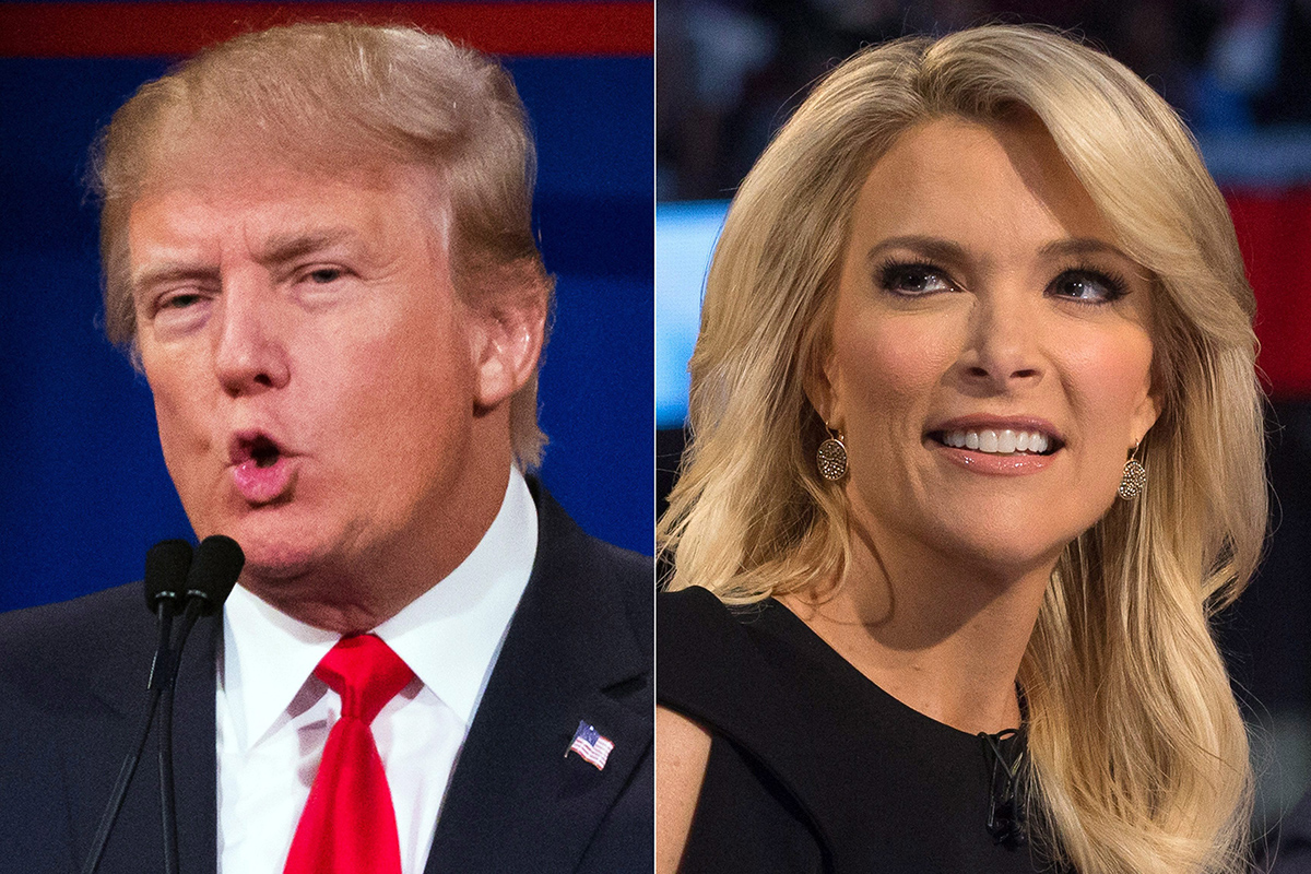 Republican presidential candidate Donald Trump, left, and Fox News Channel host and moderator Megyn Kelly.