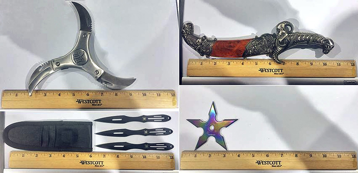 This May 9, 2016 panel of photos released by the Transportation Security Administration shows a dagger and several martial arts weapons confiscated at at TSA checkpoint Saturday, May 7, 2016 at LaGuardia Airport in New York.