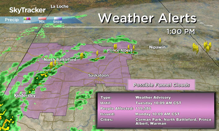 Environment Canada has issued a weather advisory Monday as conditions may be favourable for funnel clouds.
