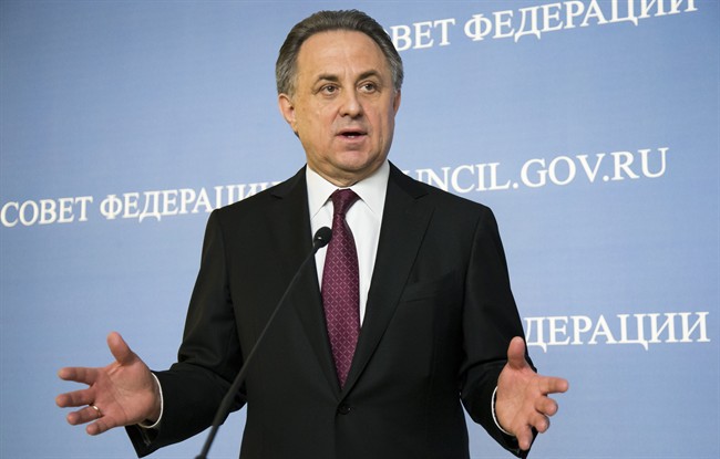 In this file photo taken on Wednesday, April 20, 2016, Russia's Sports Minister Vitaly Mutko gestures while speaking during his and FIFA President Gianni Infantino news conference after their addressed the upper chamber of the Russian parliament in Moscow, Russia.