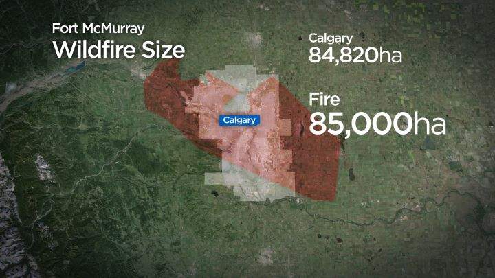Comparison map showing the size of the Fort McMurray wildfire, which now covers more area than the city of Calgary.
