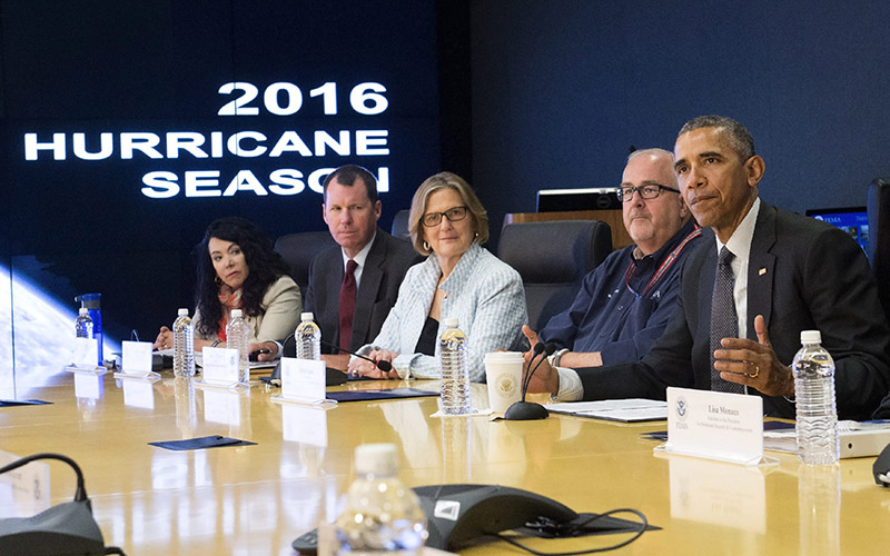 US President Barack Obama delivers remarks as he receives a briefing on the upcoming Hurricane season at the Federal Emergency Management Agency (FEMA) headquarters in Washington, DC, USA, 31 May 2016. 