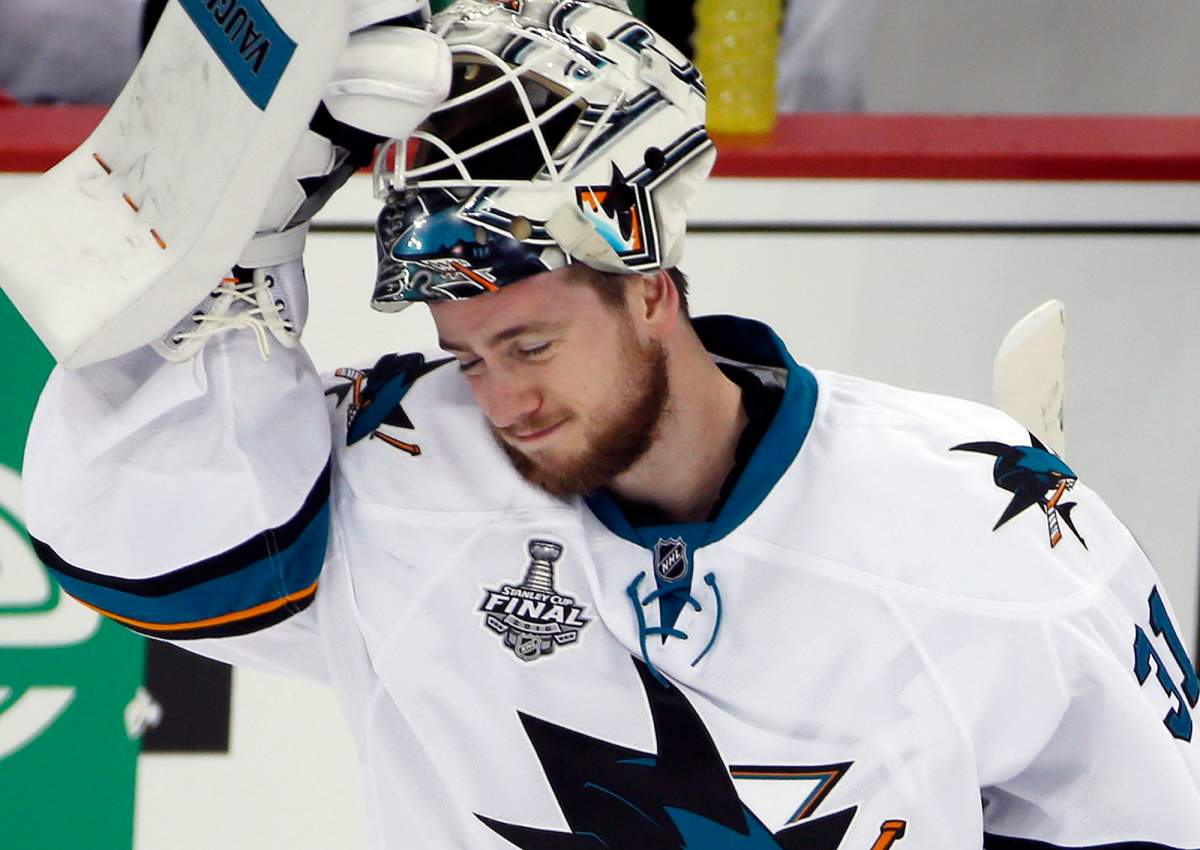 San Jose Sharks goalie Martin Jones skates back to the net after a timeout during the second period in Game 2 of the NHL hockey Stanley Cup Finals against the Pittsburgh Penguins on Wednesday, June 1, 2016, in Pittsburgh. 