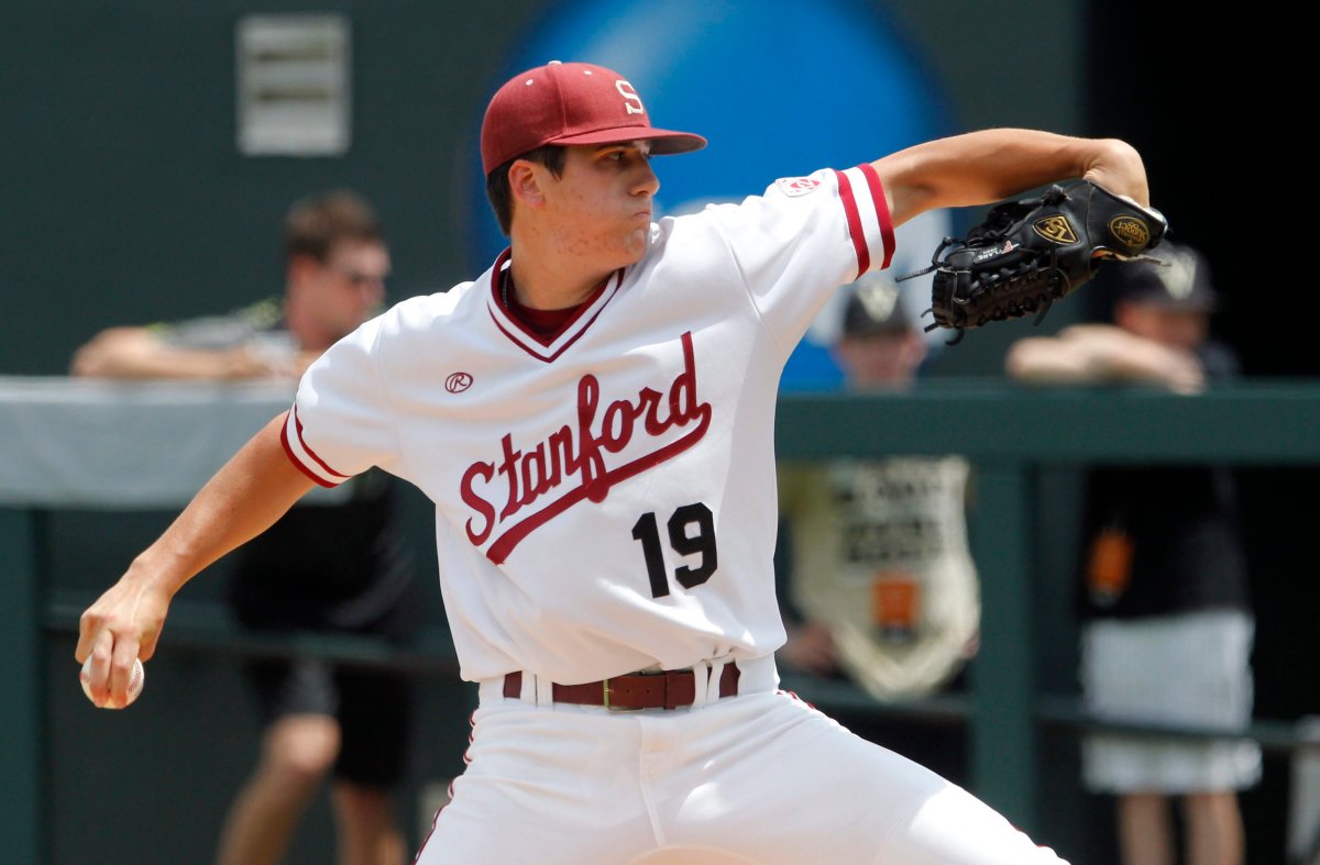 FILE - In this June 7, 2015, file photo, Stanford pitcher Cal Quantrill throws to a Vanderbilt batter during the first inning of an NCAA college baseball Super Regional tournament game in Nashville, Tenn. Quantrill is a top prospect in the Major League Baseball draft.