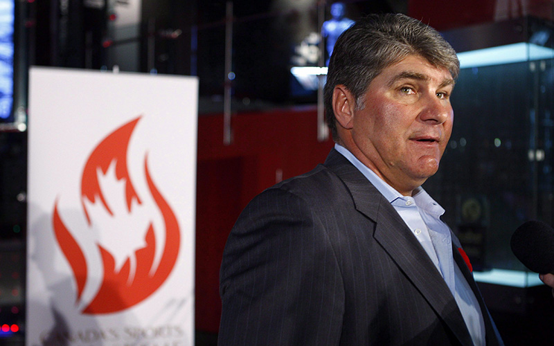 Inductee to Canada's Sports Hall of Fame, Ray Bourque, a Stanley Cup winner and member of the Hockey Hall of Fame speaks to the media at the hall in Calgary, Alta., Tuesday, Nov. 8, 2011. 