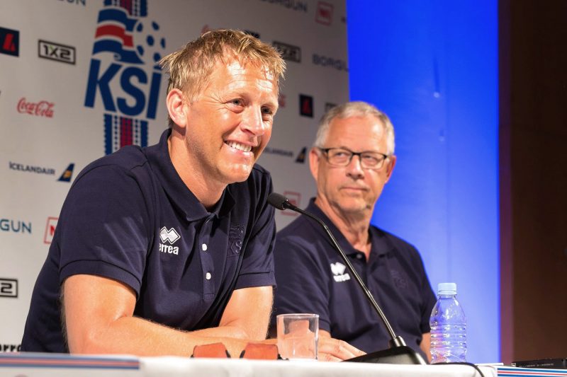 Iceland joint-coaches Heimir Hallgrimsson, left, and Lars Lagerback speak to the media at their European Championship tournament base in Annecy, French Alps, Wednesday June 29, 2016. 