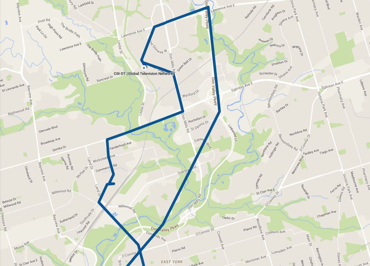 My commute to and from Global's Toronto newsroom on a recent day, which runs counterclockwise. The Don Valley Parkway must have been moving well that morning - there are few waypoints, so the expressway's curves aren't really shown. If I'd been stuck in traffic, there would be more detail of the route. The little divot on the west side is a stop for beer on the way home.
