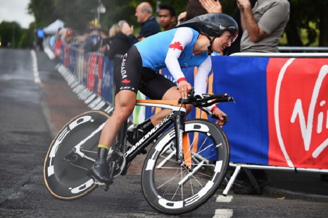 Leah Kirchmann competes in the Women's Individual Time Trial during day eight of the Glasgow 2014 Commonwealth Games on July 31, 2014 in Glasgow, Scotland. 