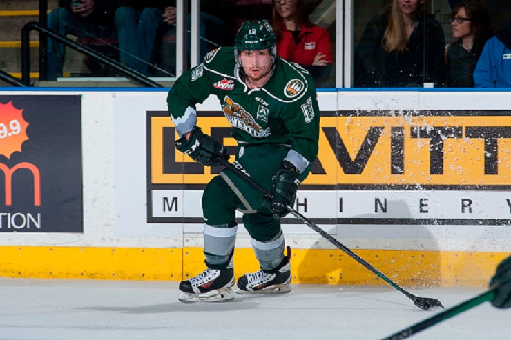 Remi Laurencelle seen here with the Everett Silvertips skates with the puck and looks for the pass against the Kelowna Rockets in January.