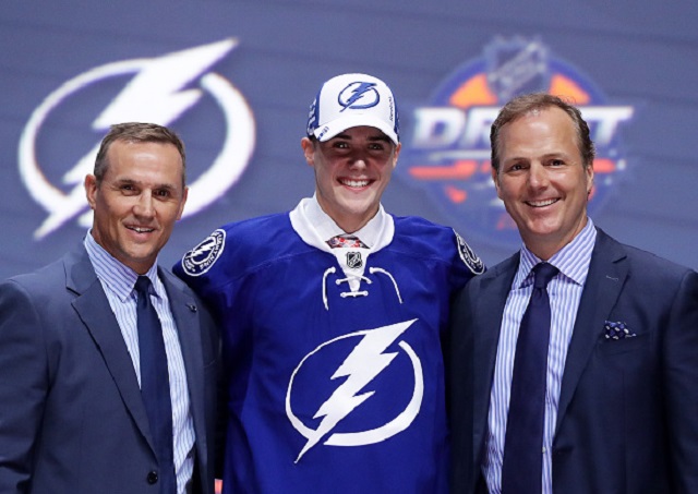 Brett Howden celebrates with the Tampa Bay Lightning after being selected 27th overall during round one of the 2016 NHL Draft.