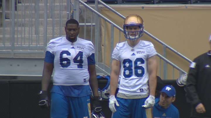 Winnipeg Blue Bombers receiver Addison Richards watches on during Saturday's practice.