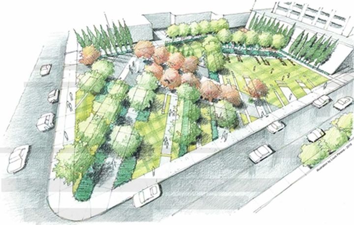A sketch showing the proposed layout of Alex Decoteau Park in downtown Edmonton.