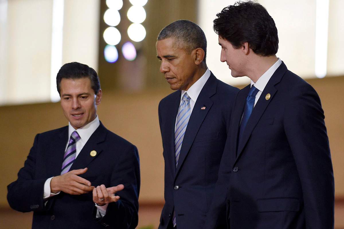 Mexico’s President Enrique Pena Nieto, left, President Barack Obama, centre, and Canada’s Prime Minister Justin Trudeau, right. 