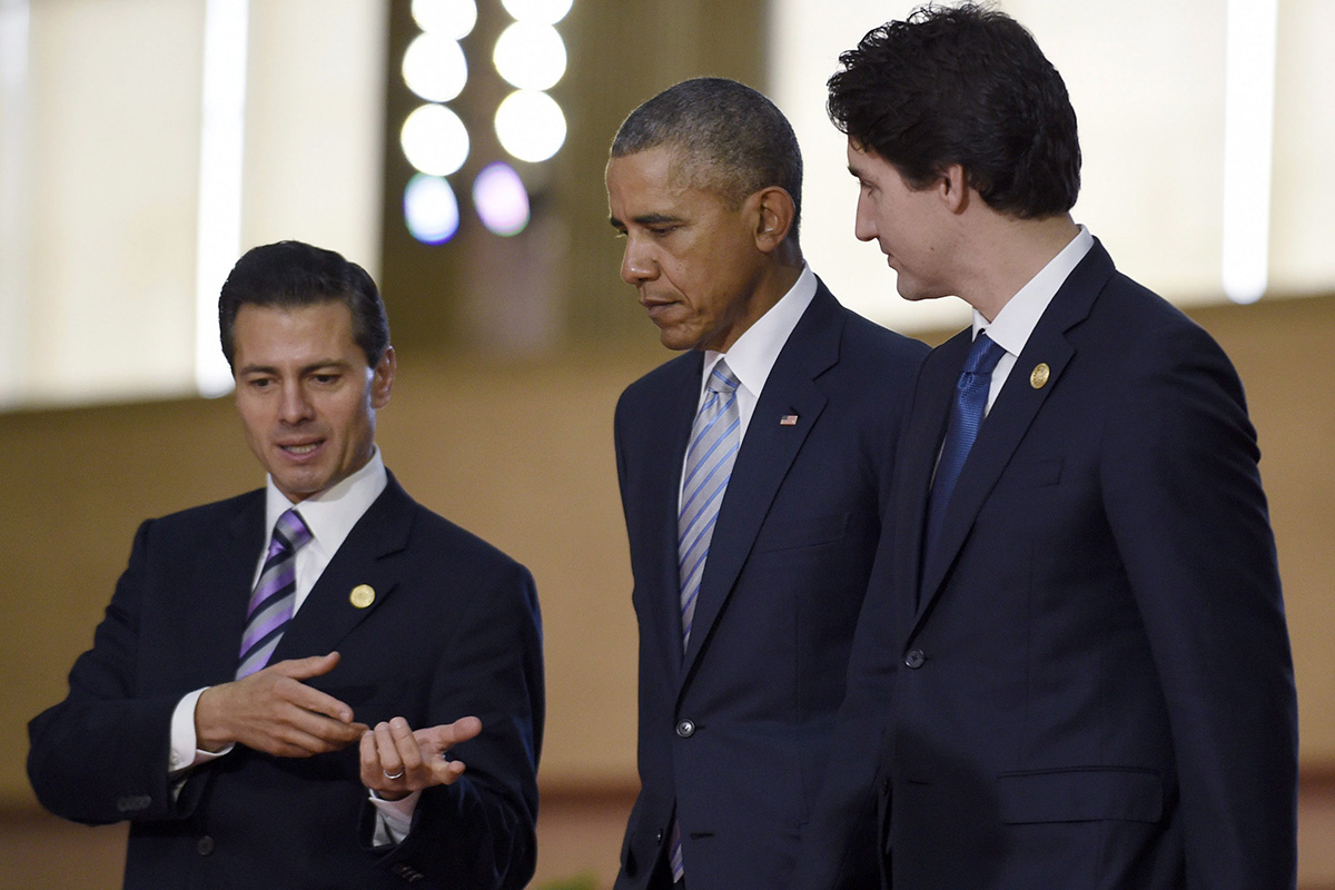 Mexico’s President Enrique Pena Nieto, left, President Barack Obama, centre, and Canada’s Prime Minister Justin Trudeau, right. 