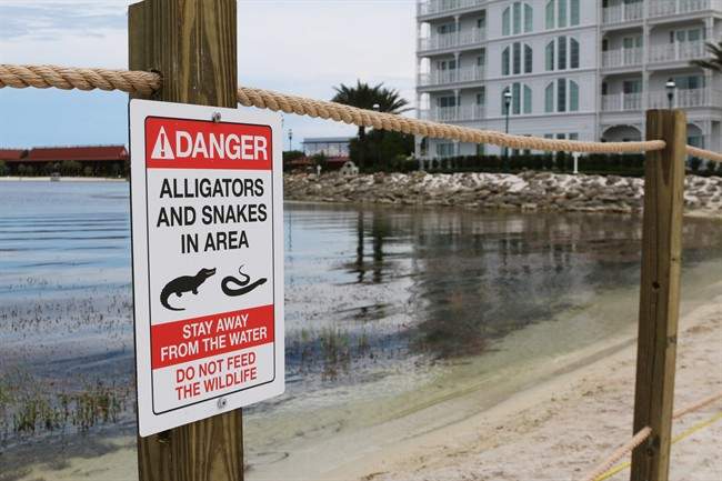 In this Friday, June, 17, 2016 photo released by Walt Disney World Resort, a new sign is seen posted on a beach outside a hotel at a Walt Disney World resort in Lake Buena Vista, Fla. 