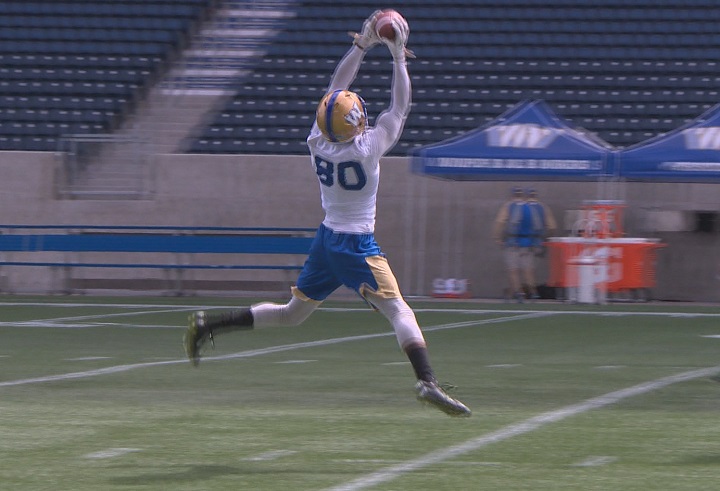 Winnipeg Blue Bombers' receiver Thomas Mayo makes a nice catch at practice on Saturday.