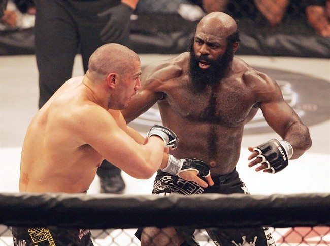 File-This May 31, 2008, file photo shows Kimbo Slice, right, battling James Thompson of Manchester, England during their EliteXC heavyweight bout at the Prudential Center in Newark, N.J. Police in Florida say Slice has been taken to a hospital, though reason why wasn't immediately clear. Coral Springs Police Sgt. Carla Kmiotek said Monday, June 6, 2016, that a local hospital told the department the fighter, whose real name is Kevin Ferguson, was a patient. (AP Photo/Rich Schultz, File).