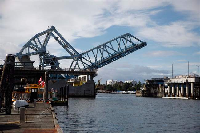 The Blue Bridge rises for large ships passing through