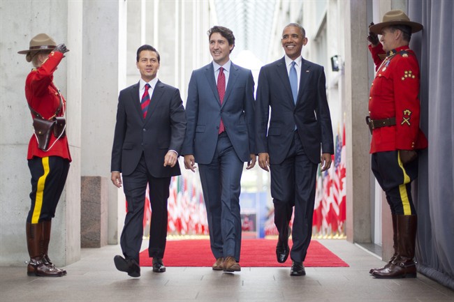 Canadian Prime Minister Justin Trudeau, President of the United States Barak Obama and Mexican President Enrique Pena Neito at the National Gallery of Canada in Ottawa, Canada, Wednesday, June 29, 2016. Obama traveled to Ottawa for the North America Leaders' Summit. (AP Photo/Pablo Martinez Monsivais).