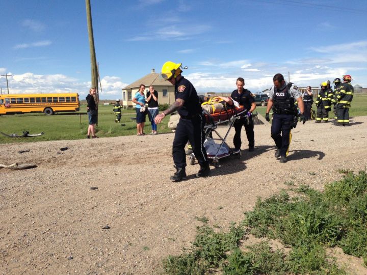 A serious two-vehicle collision near Coalhurst, Alta. sent five people to hospital Thursday, June 2, 2016.