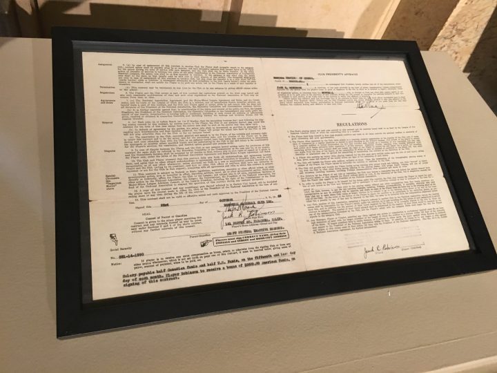 The historic contract between the Montreal Royals and Jackie Robinson on display at Montreal City Hall, Thursday June 23, 2016.