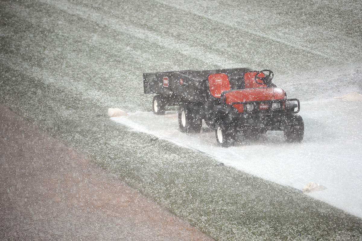 Rain Delay for the Colorado Rockies v the Toronto Blue Jays at Coors Field on June 28, 2016 in Denver, Colorado. 