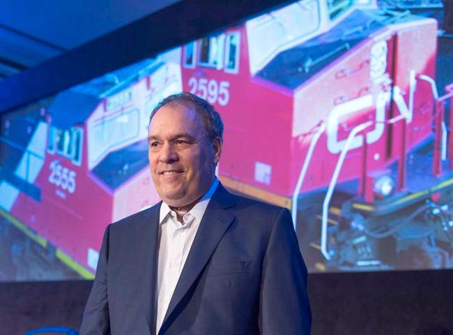 CN chief executive Claude Mongeau gets set to start the company's annual meeting in Montreal on April 26, 2016. The CEO of Canadian National Railway is stepping down at the end of June. Claude Mongeau had returned to work after a medical leave last fall following the surgical removal of his larynx but says he found it difficult to continue as head of Canada's largest railway company. 