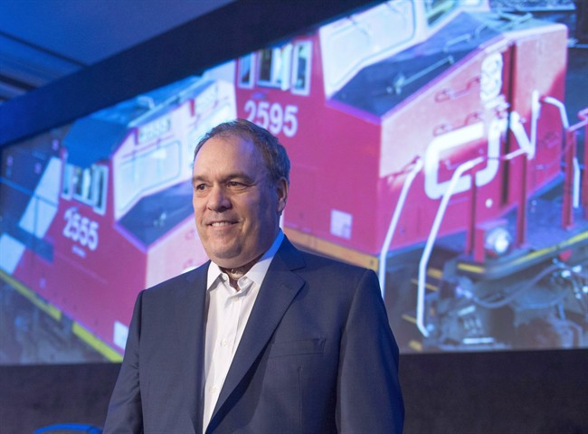 CN chief executive Claude Mongeau gets set to start the company's annual meeting in Montreal on April 26, 2016. The CEO of Canadian National Railway is stepping down at the end of June. Claude Mongeau had returned to work after a medical leave last fall following the surgical removal of his larynx but says he found it difficult to continue as head of Canada's largest railway company. 