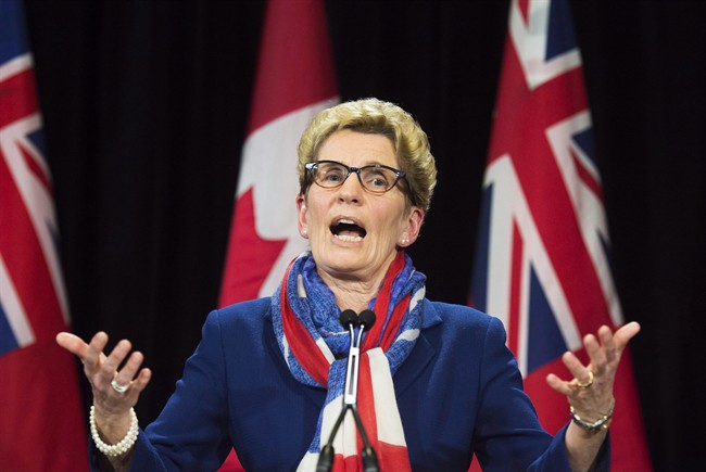 Ontario Premier Kathleen Wynne's speaks during a press conference regarding the political fundraising question at Queen's Park in Toronto on Monday, April 11, 2016.