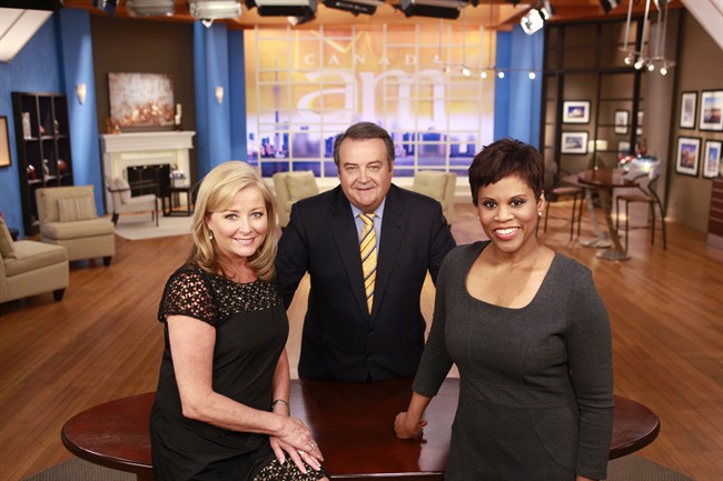 Hosts Beverly Thomson, left to right, Jeff Hutcheson and Marci Ien pose in this undated handout photo. After 43 seasons, CTV's popular morning show "Canada AM'' is ending as the network looks to evolve its programming. CTV says the show, billed as "Canada's most-watched national morning newsmagazine,'' will air its final episode this Friday. Co-hosts Beverly Thomson and Marci Ien will continue to stay with Bell Media while Jeff Hutcheson will begin his previously announced retirement.