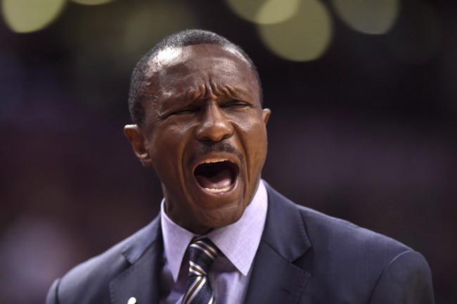 Toronto Raptors coach Dwane Casey disputes a call during second half NBA playoff basketball action against the Indiana Pacers in Toronto on Tuesday, April 26, 2016.
