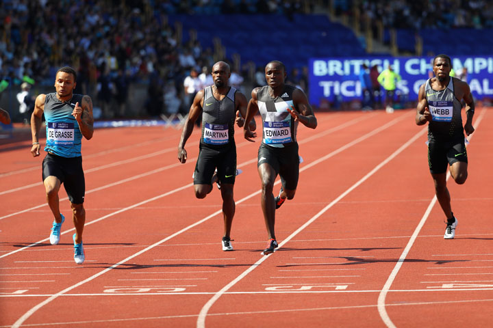 Andre de Grasse of Canada beat Churandy Martina of the Netherlands, Alonso Edward of Panama and Ameer Webb of of the USA to win the Men's 200m Final during the Birmingham Diamond League meet at Alexander Stadium on June 5, 2016 in Birmingham, England.  