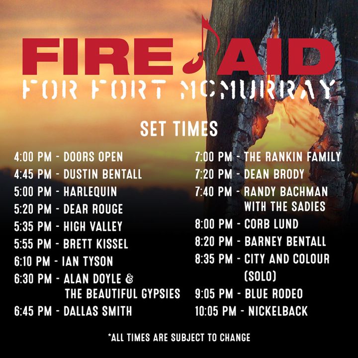 The set list for the Fire Aid concert in support of the Fort McMurray United Way.