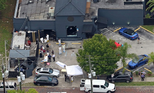 FILE - In this Sunday, June 12, 2016 file photo, an aerial view of the mass shooting scene at the Pulse nightclub is seen in Orlando, Fla.