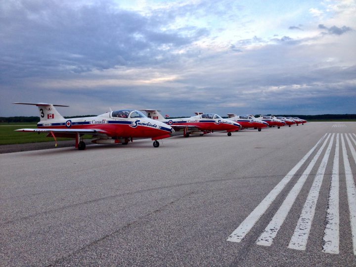 The CF Snowbirds are lined up and ready for Saturday's Manitoba Airshow .