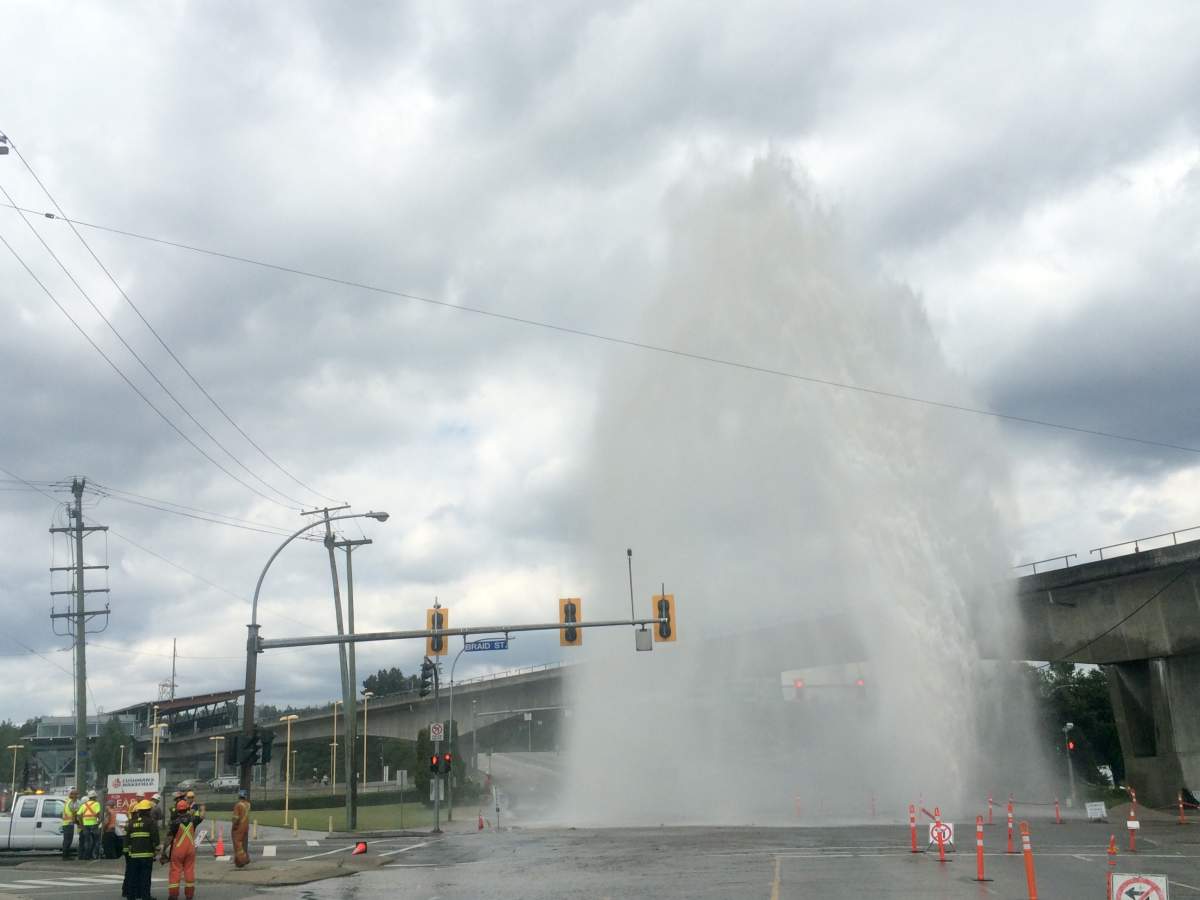 Water main breaks near Braid SkyTrain Station in New Westminster - image