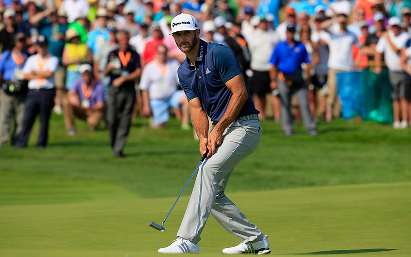 Dustin Johnson of the United States reacts on the seventh green during the final round of the U.S. Open at Oakmont Country Club on June 19, 2016 in Oakmont, Pennsylvania.