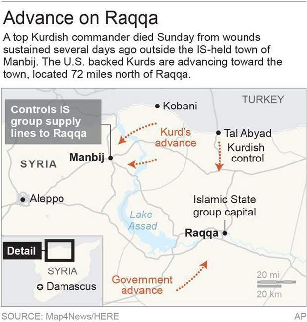 Map shows Manbij, Syria, a key city in route to Raqqa, the IS group stronghold.