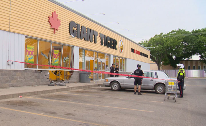 Saskatoon police were called to a crash Saturday afternoon involving a car, a pedestrian and a Giant Tiger store.
