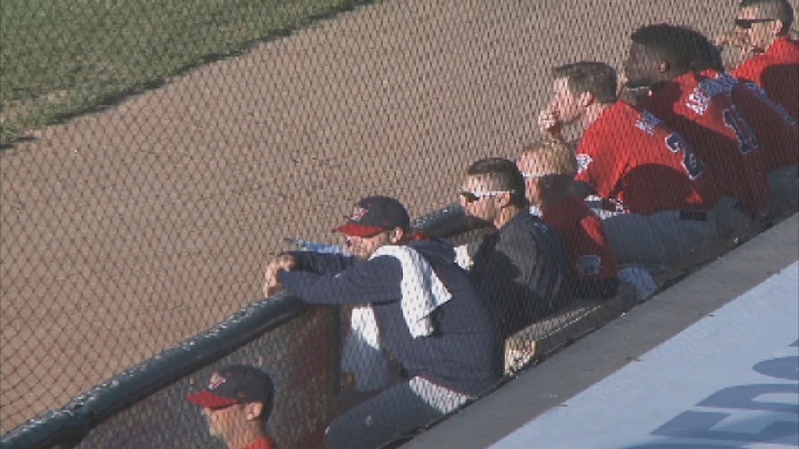 The Winnipeg Goldeyes look on from the dugout during Monday's loss to the Sioux City Explorers.