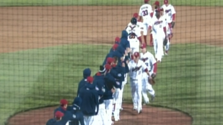 The Winnipeg Goldeyes celebrate following a 3-2 win over the Sioux Falls Canaries on Wednesday.