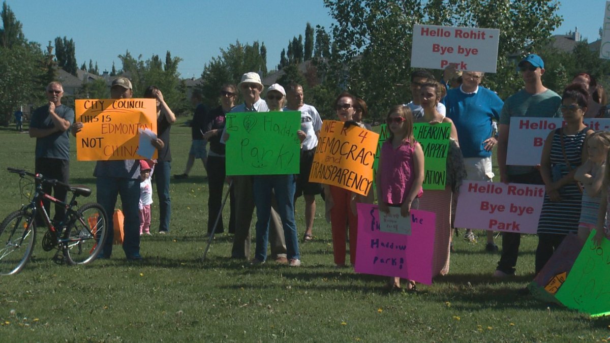 Dozens of residents in Haddow Park are protesting a proposed development on a beloved green space in their community.