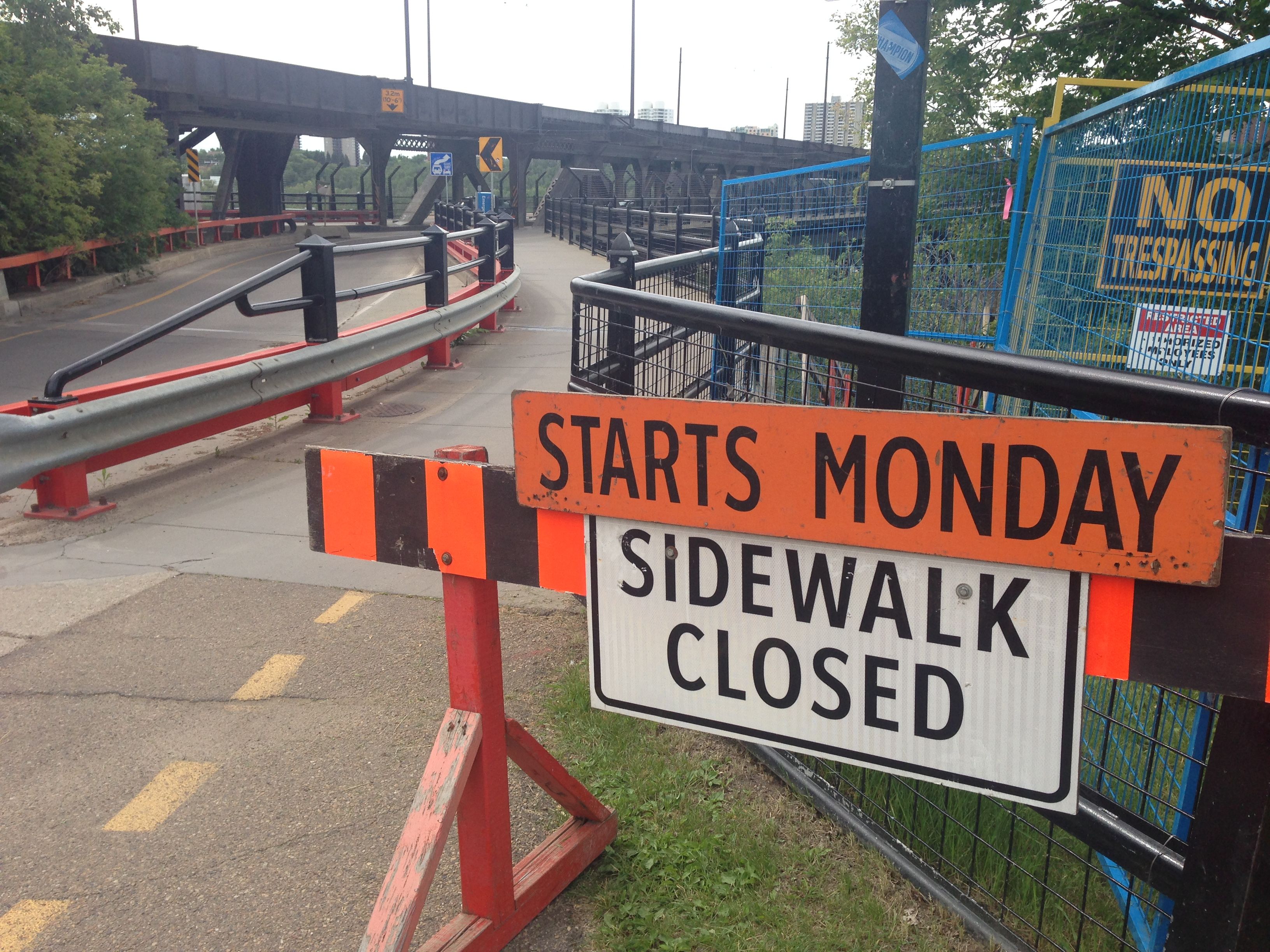 High Level Bridge sidewalk closing for safety rail installation