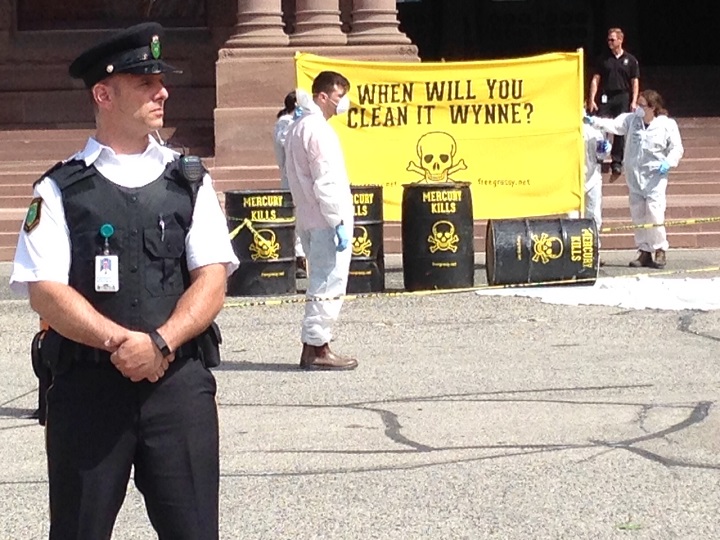 Police block off the front entrance of Queen’s Park after protesters dumped a white substance near the front entrance on June 23, 2016.