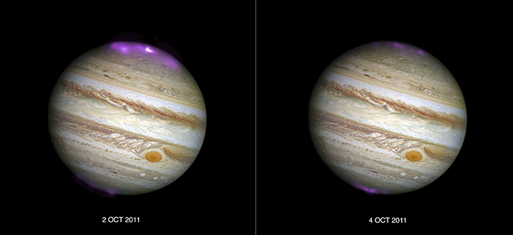 A composite image of Jupiter’s auroras.