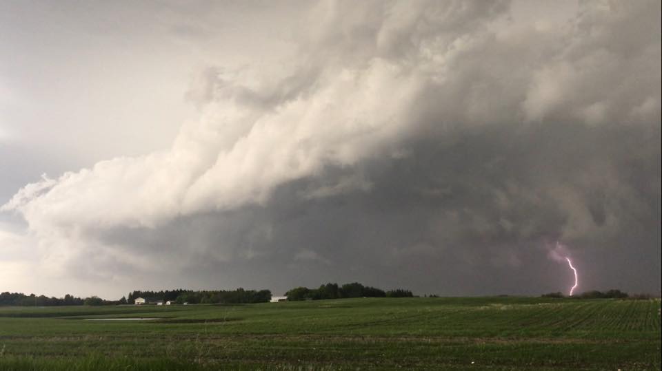 This photo shows lightning strike as a severe thunderstorm rolls by near Virden, Manitoba.