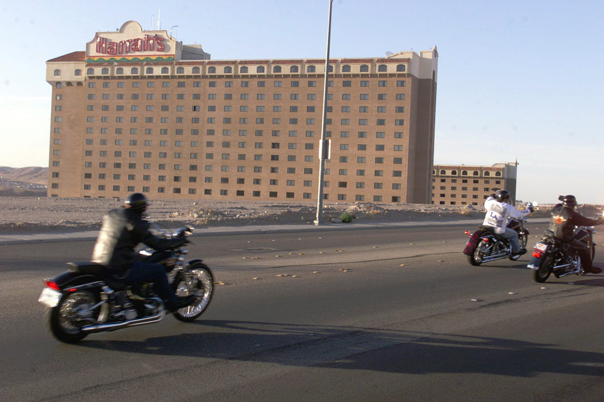 In this April 28, 2002 file photo motorcyclists drive past Harrah's casino in Laughlin, Nev.