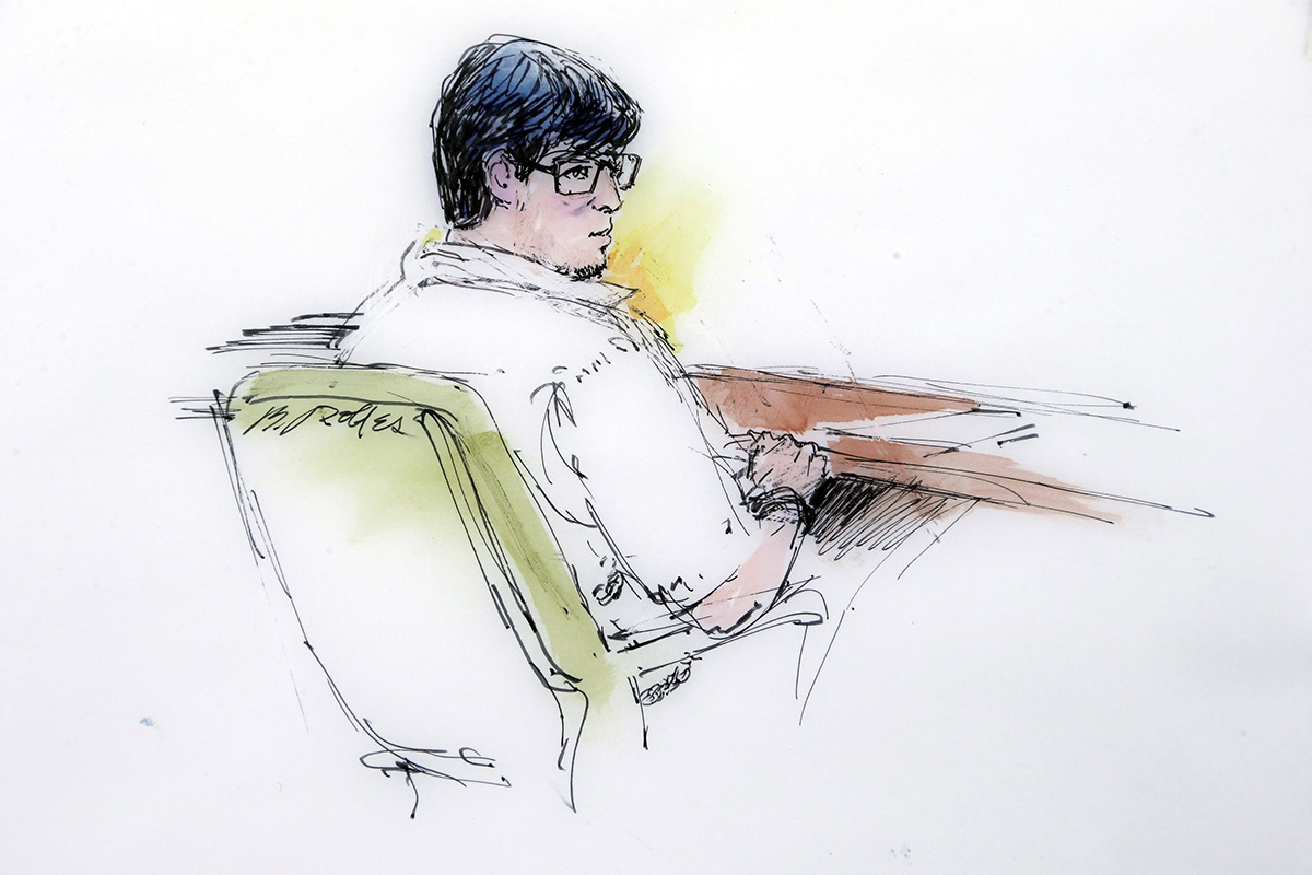 In this courtroom sketch, Enrique Marquez appears in federal court in Riverside, Calif., Monday, Dec. 21, 2015. 