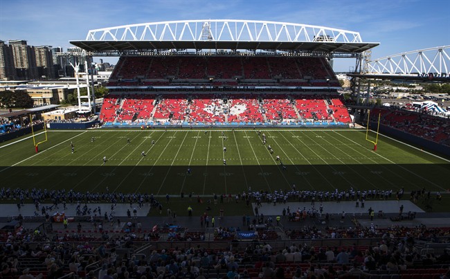 The Hamilton Tiger-Cats kick off against the Toronto Argonauts in preseason action at the first-ever CFL football game played at BMO Field, Saturday, June 11, 2016.
