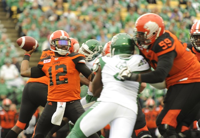 B.C. Lions quarterback Keith Price throws the ball against the Saskatchewan Roughriders during first half pre-season CFL action in Regina on Saturday, June 11, 2016.